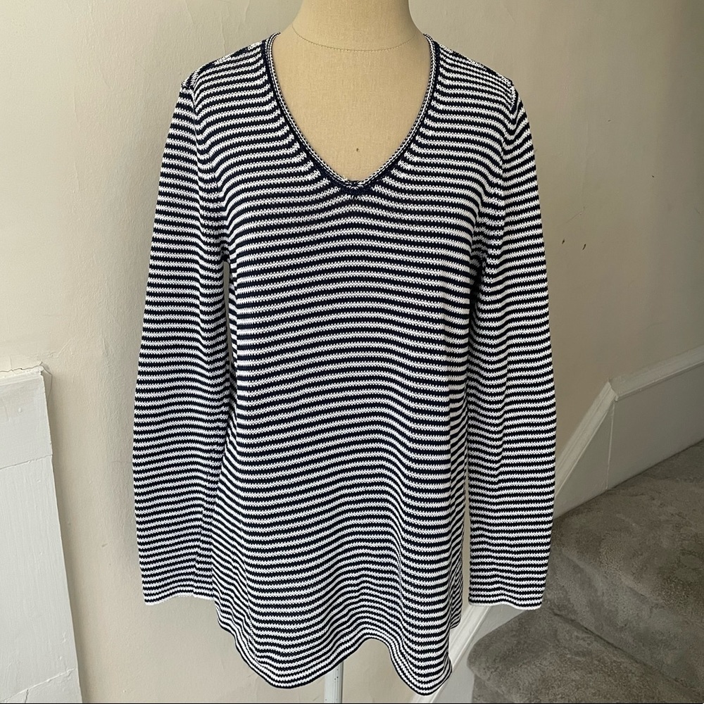 J.McLAUGHLIN Blue/White Striped Havana Yarn Callum Knit V-Neck Sweater EUC Sz M